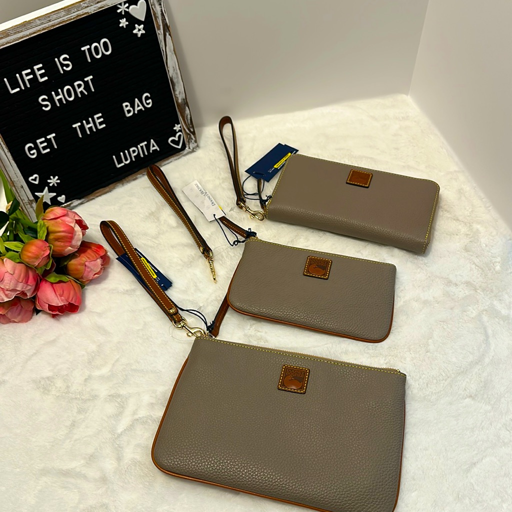 Dooney & Bourke 3 Pcs Bundle, Small And Large Wristlets And Wallet In Taupe